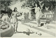 Anonymous illustration of 1913 depicting the Assyrian Sargon legend: The young Sargon, working as a gardener, is visited by Ishtar "surrounded by a cloud of doves".