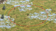Aura range of the Centurion (marked in red) and the Elite Centurion (marked in yellow)