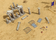 Greek ruins, columns, rugs, and weapons in Retold