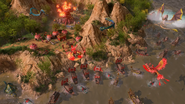 Battle involving flying and naval myth units, and ships. A Wonder can be seen in the gorge.
