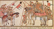 Karakhanid "Illig Khan", on horse, submitting to Mahmud of Ghazni, on war elephant