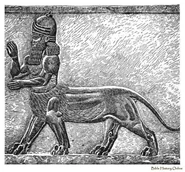 An etching of a relief of Uridimmu, a creature from Mesopotamian mythology.