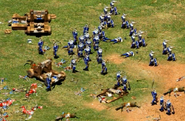 A group of Genoese Crossbowmen attacking. Notice that they carry the shield on their back when they move.