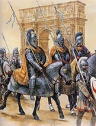 An artist's rendition of Byzantine/Roman Clibanarii, a type of heavy cavalry akin to Cataphracts. Historians are uncertain if the term was a synonym for "cataphracti" in Latin or if it was fact a distinctive type of cavalry itself.