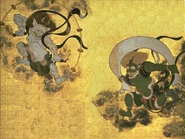 Traditional Japanese painting showing Raijin (left) and Fūjin (right) competing and playing against each other using weather elements such as lightning, thunder, rain and strong winds