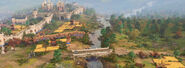 A screenshot of Age of Empires IV, featuring the new advanced graphics with better-looking rivers.