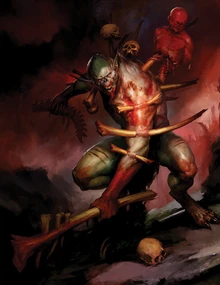 Los  de la  golpearon y quebraron con sus garrotes de hueso, llenándose la boca abierta de carne podrida.