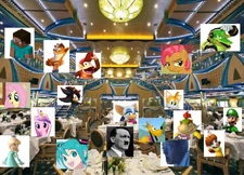 Leopold Slikk, Hatsune Miku, Adolf Hitler and some of the characters eat in the main restaurant of the ship, Costa Concordia, the Ristorante Roma and Milan.