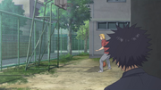 Sora watching Momoharu as he attempts making layup shots (anime)