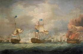 The Battle of Camperdown, le navire amiral britannique Venerable affrontant son homologue hollandais le Vrijheid Thomas Whitcombe (1798)