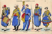 Tirailleurs algeriens ou turcos.jpg (107 kio) Uniforme en 1852 : Infanterie, soldat : algérien, fusil, officier français : drapeau, officier : algérien, soldat : tambour, cantinière.