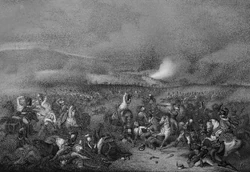 Lithographie russe représentant le combat opposant les Chevaliers-Gardes russes de &nbsp;à la cavalerie française de la Garde impériale à Austerlitz