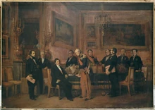 Conseil des ministres au palais des Tuileries : le maréchal Soult présente à Louis-Philippe la loi de Régence, le   . Guizot se tient à gauche.(Tableau de Claude Jacquand (1803-1878), dit , 1844).