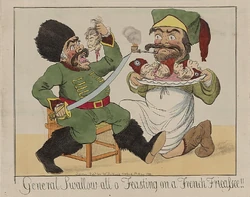 Caricature anglaise de 1799 montrant le général  se délectant d'une fricassée de têtes françaises.