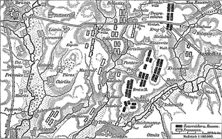 Les positions françaises (en blanc) et austro-russes (en noir) à la veille de la bataille