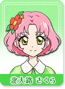 Her name is Sakura Kitaōji, like Ichigo, she was inspired by Mizuki to become an idol. She comes from a famous kabuki troupe family "Kitaōji Theater", and as such she has the genetic habit of breaking into theatrical performance when reminiscing about things. She is one year younger than Ichigo and was her mentee when she first arrived in Starlight Academy.