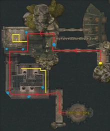 The path through the Sky Fortress Warehouse Zone. Blue dots are the Spy Crystals, yellow paths are optional.