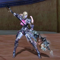 A player with a polearm equipped.