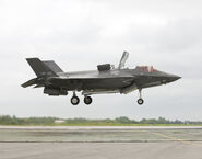 The F-35B, displaying its hovering ability.