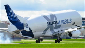 The Beluga XL landing at Chester Hawarden Airport, in 2024