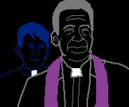 An unused variant of Father Allred and John going to the Martin House in Chapter III. Father Allred's face is slightly pudgier, he has a purple stole over a suit, and he's not smiling. John has more of a concerned than a frowning look, there's no white in his eyes, and his facial structure is slightly different.
