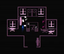 Inside of the clinic. Note that none of the windows are broken, the entrance doesn't have planks nailed to it, there is a table and a chair, some paper, and three gurneys.