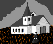 Scene 3: Miriam standing outside Snake Meadow Hill Church. Note that Lisa, John, and other children are standing inside the building.