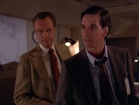 ATC-flight 93 is missing.jpg (46 KB) Officials at LAX. Angus Duncan (left) is billed as "Marks"! His role is unclear--FAA, FBI? The person on the right also has some lines. Could he be David McBride, billed as ATC Representative? Compare with the character "Cortuvo" in Airwolf II (episode)
