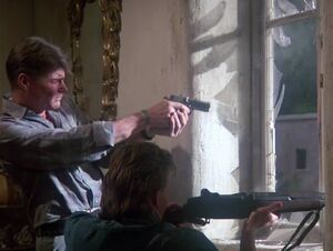 Notice "Doc" is using it left handed. Hawke is using his usual .