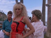 Model-sins of the past.jpg (62 KB) This model in orange has many more lines so she is more likely to be the character credited to Kathy Shower. She is constantly grimacing in pain as Beatrice tightens and takes in the swimsuit. In the end she asks, "What's wrong with you, Bea?"