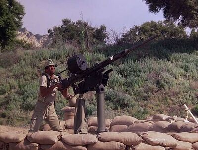 A South Limbawean soldier engages Airwolf with his Oerlikon 20mm gun.