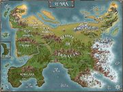 Se trata de un mapa en horizontal. En él están las ciudades y reinos más importantes, como Ardacia. La zona sur es más fría y boscosa, con una parte helada al sudeste. La norte algo más desértica. La central es fértil, pero va transicionando a más seca conforme se avanza hacia el norte. La zona suroeste tiene una península donde se asienta Knegara, ciudad de los exploradores y una gran bahía en la zona centro sur que corresponde al Mar de Ardacia, en cuya zona central se alza la ciudad capital de Ardacia.