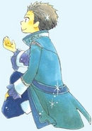 Mitsuhide kneeling, dressed as a prince.