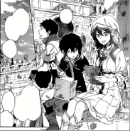 Obi spotting Zen's approach while sitting on the edge of a fountain in town with Shirayuki and Ryuu.