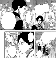 Obi making sure Kiki and Hisame keep an eye on Ryuu while Obi spies on Eisetsu and Shirayuki in the garden.