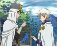 Shikito holding the cage for Zen to put the Yuri Island bird inside.