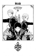 Mitsuhide, Kiki and Obi in the dress uniform of the Royal Knights Circle on the Chapter 53 cover.