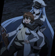 Esdeath holding Tatsumi between her breasts