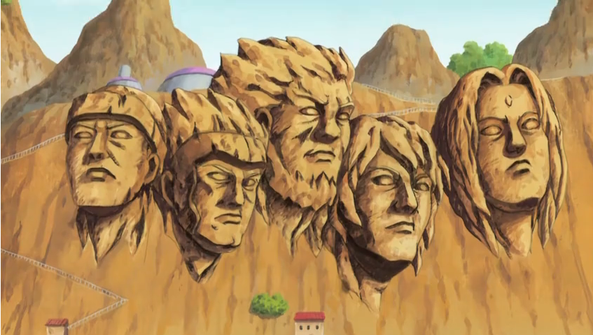 Гора хокаге в наруто. Наруто монумент хокаге. Лица хокаге. Гора рашмор наруто. Скала хокаге наруто.