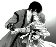 Yona being kissed by Hak on the forehead