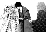 Zeno protects Yona as Hak stops Hiyou's blade