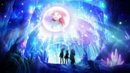Takamina, Mayuyu, Yuuko and Yukirin seeing Kanata's image being projected by the Kirara.