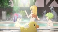 Mayuyu, Sonata, and Suzuko in the bath, and Mayuyu is tormenting Sonata for eating her extra helpings.