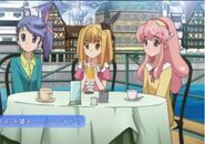 Makoto, Sonata, and Orine enjoying a drink at a cafe