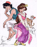 Concept art of Aladdin, Jasmine and Abu