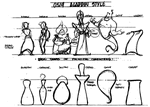 Style guide depicting the main characters. The animators designed each one based on a different geometrical shape.