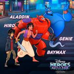 Aladdin with Genie, Hiro, and Baymax in Disney Heroes: Battle Mode