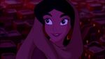 Jasmine smiles and blushes after developing a romantic connection with Aladdin.