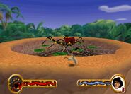 Aladdin battles The Arachnid Aka The Spider in The Oasis to get two pieces of The Golden Scarab Beetle to open The Tiger God The Cave of Wonders.