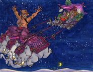 Concept art of Genie flying through the sky on elephants